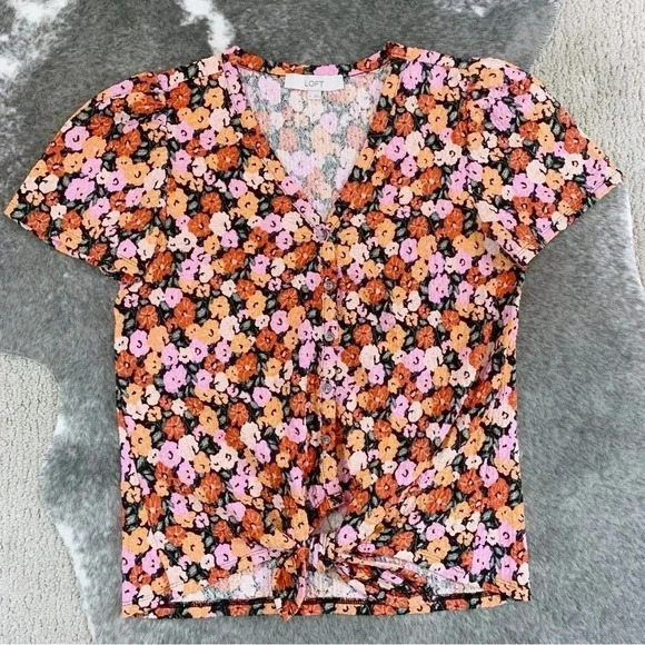 LOFT Floral Textured Button Tie Front Top - Picture 3 of 12